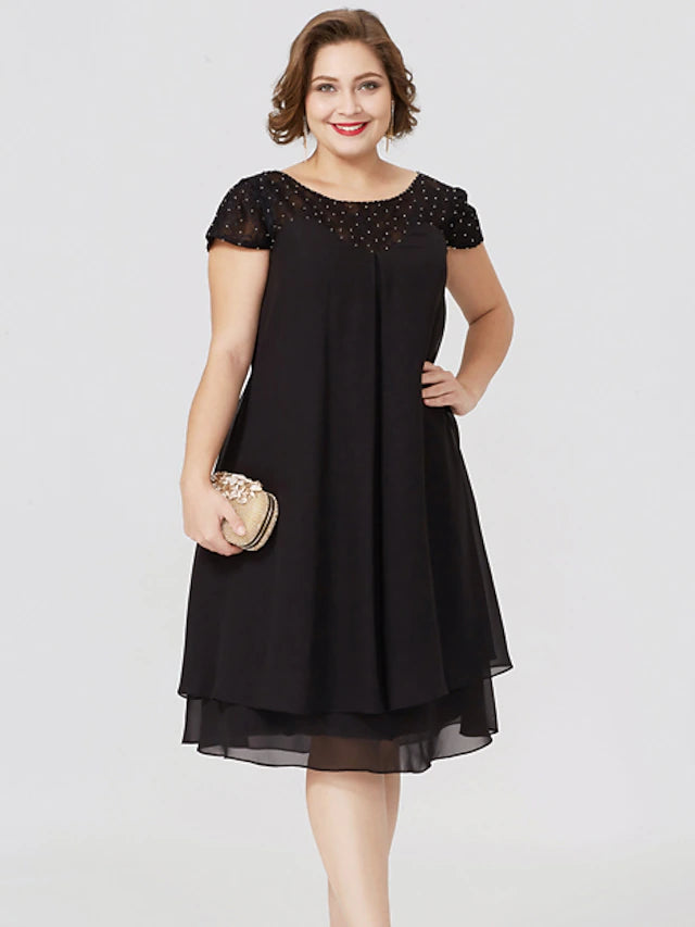 Etuikleid/Säulenkleid, formelles kleines Schwarzes, Übergröße, durchsichtig, Rundhalsausschnitt, knielang, Chiffon, Spitze, kurze Ärmel, nein, mit Falten, Perlenbesatz, Spitzeneinsatz